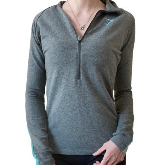 Gymshark Grey Colorblock Neon Teal and Grey 1/4 Zip Up Top Shirt Jacket Gym - Picture 2 of 4